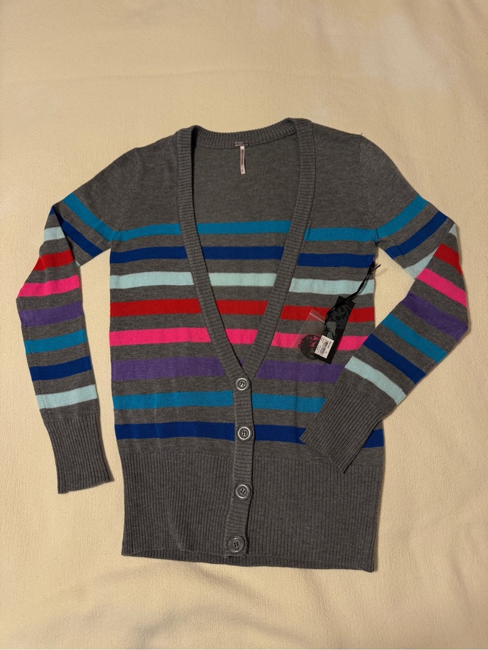 Poof! Gray V-Neck Cardigan with Multicolor Horizontal Stripes